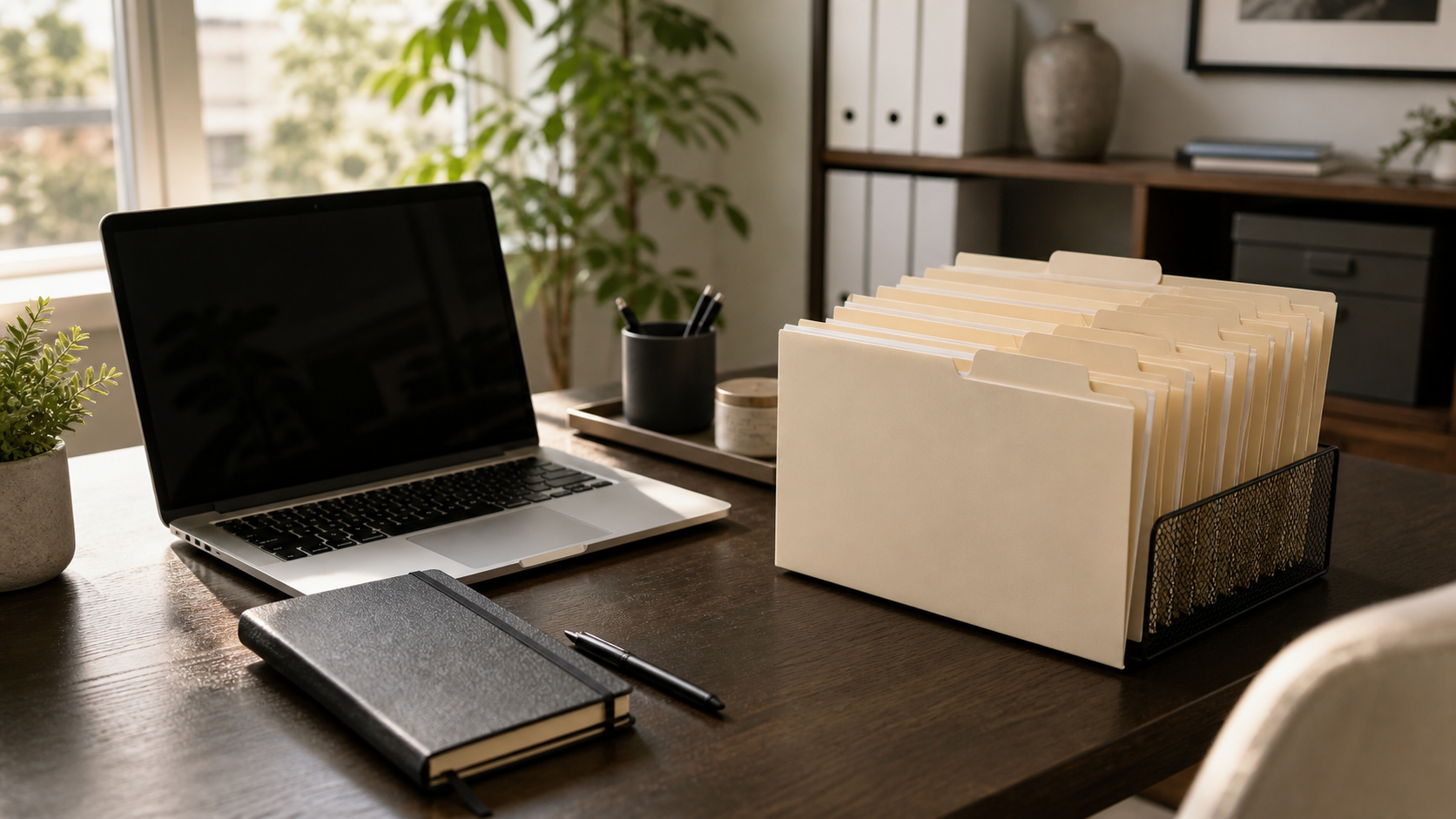 Organized professional-services workspace with client record folders