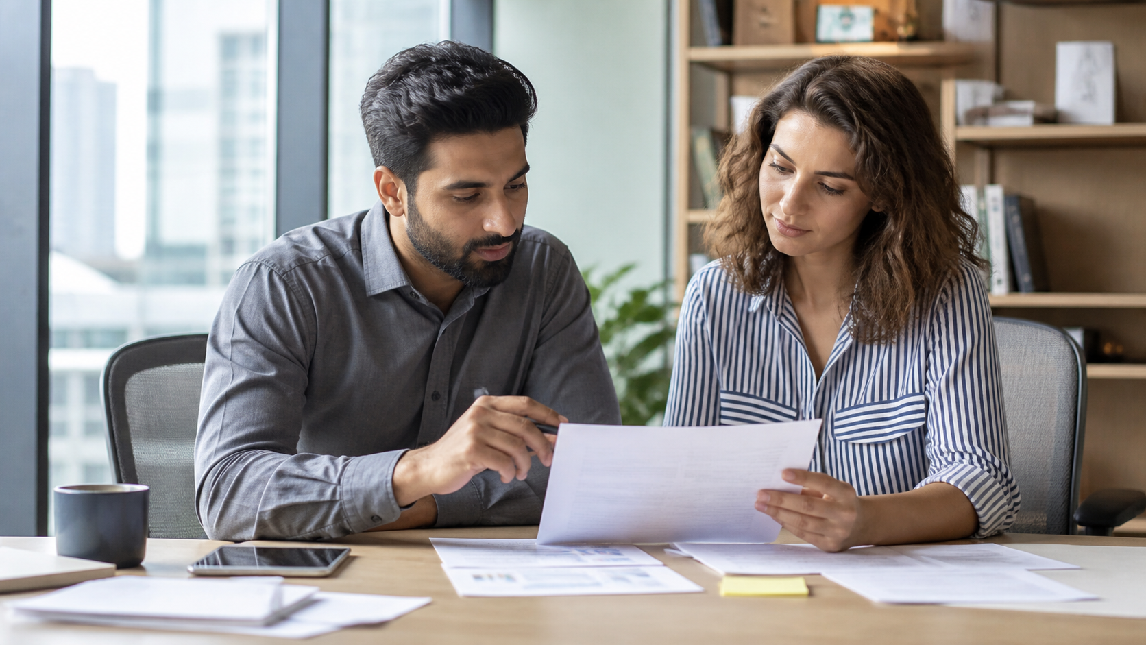 Two professionals reviewing a client handoff record